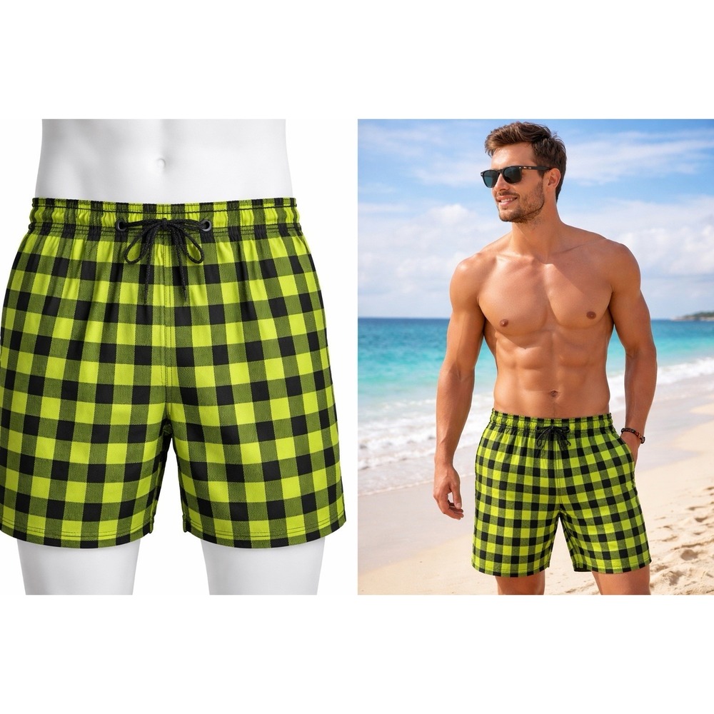 JARED LANG Men's Checkered Swim Trunks Neon Lime Black Plaid Shorts Sz. Medium